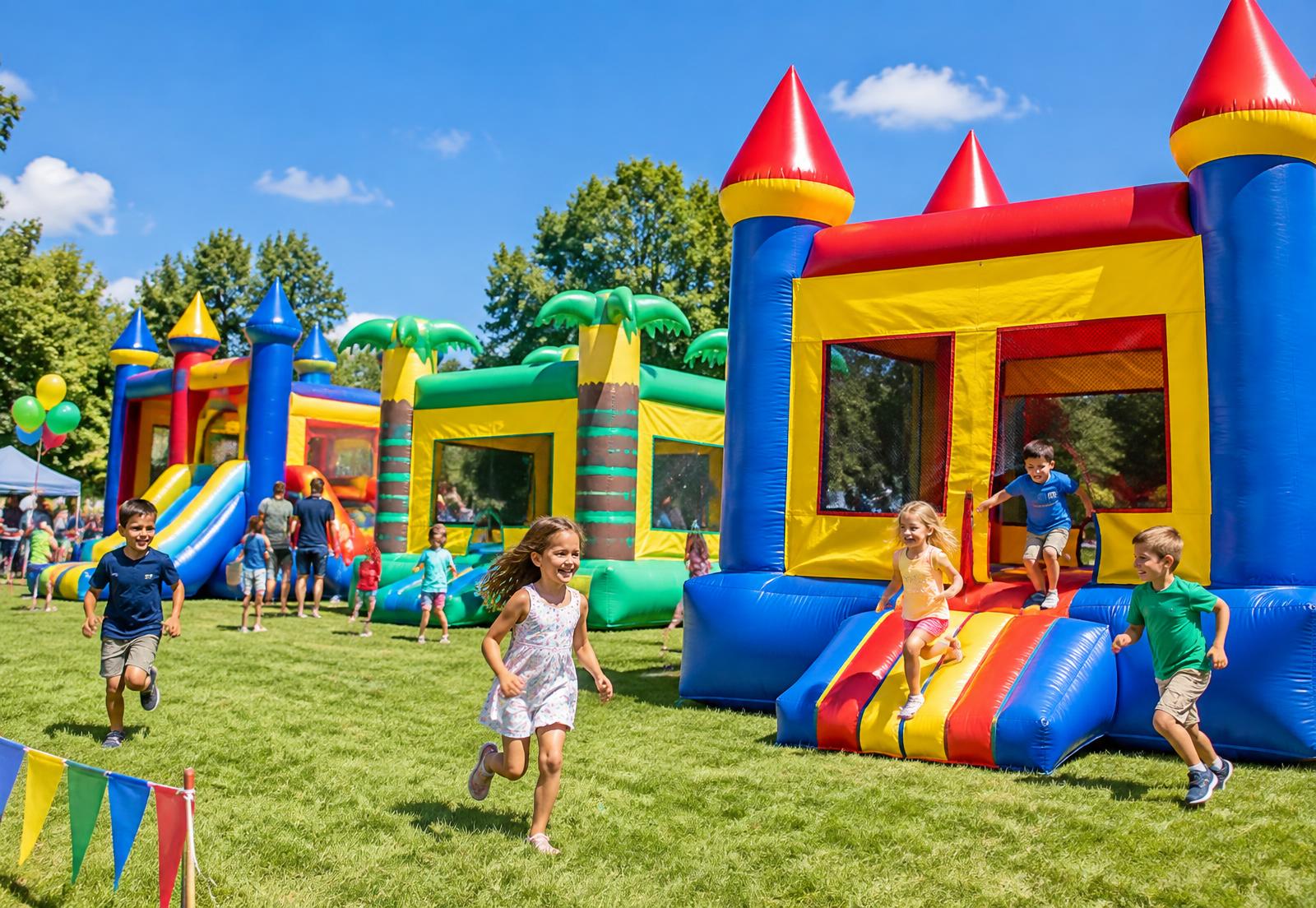 Inflables de SkyBounce instalados en un jardín con niños jugando